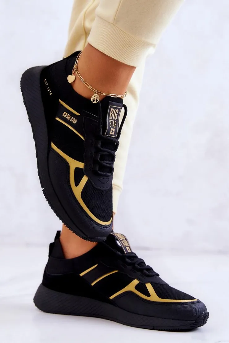 Big Star Shoes Sneakersy Damskie*Damskie Sneakersy Big Star JJ274A195 Czarno-Złote