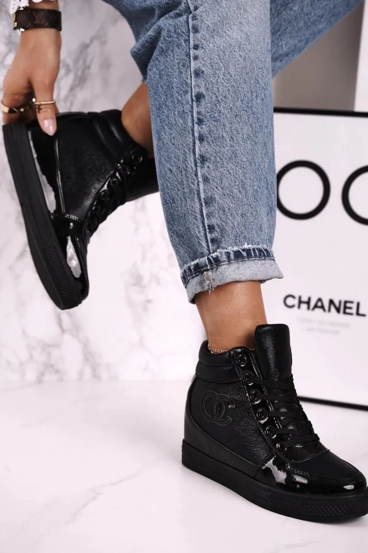 Damskie Boto Damskie Sneakersy Botki Na Koturnie Czarne Carol