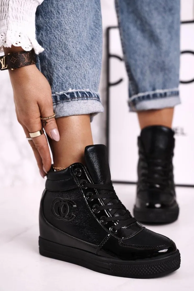 Damskie Boto Damskie Sneakersy Botki Na Koturnie Czarne Carol