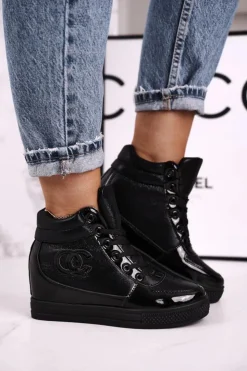 Damskie Boto Damskie Sneakersy Botki Na Koturnie Czarne Carol