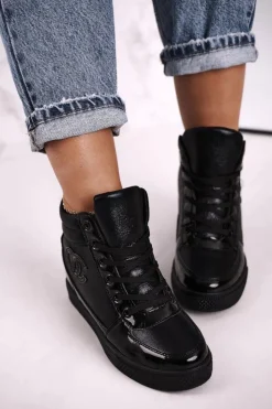 Damskie Boto Damskie Sneakersy Botki Na Koturnie Czarne Carol
