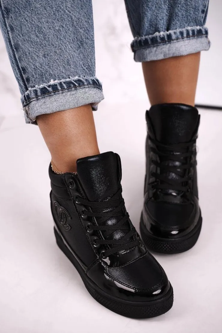 Damskie Boto Damskie Sneakersy Botki Na Koturnie Czarne Carol