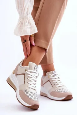 Boto Sneakersy Damskie*Damskie Sneakersy Buty Sportowe Na Koturnie Biało-Beżowe Nomera