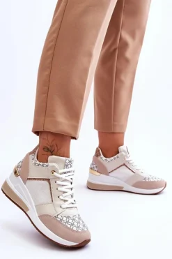 Boto Sneakersy Damskie*Damskie Sneakersy Buty Sportowe Na Koturnie Biało-Beżowe Nomera