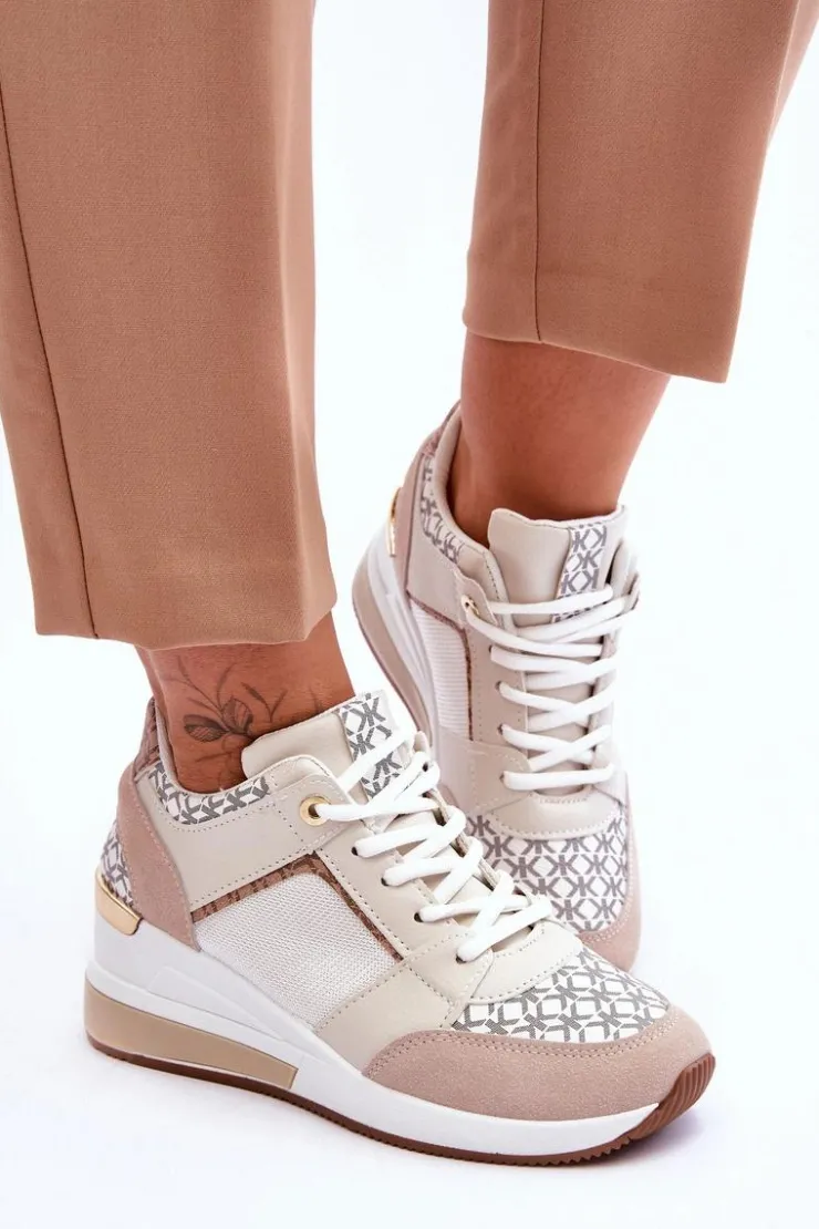 Boto Sneakersy Damskie*Damskie Sneakersy Buty Sportowe Na Koturnie Biało-Beżowe Nomera