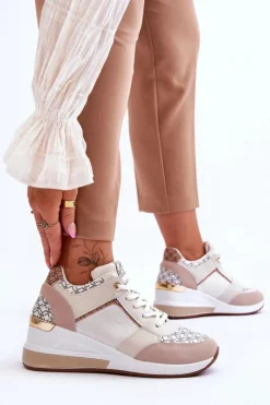 Boto Sneakersy Damskie*Damskie Sneakersy Buty Sportowe Na Koturnie Biało-Beżowe Nomera