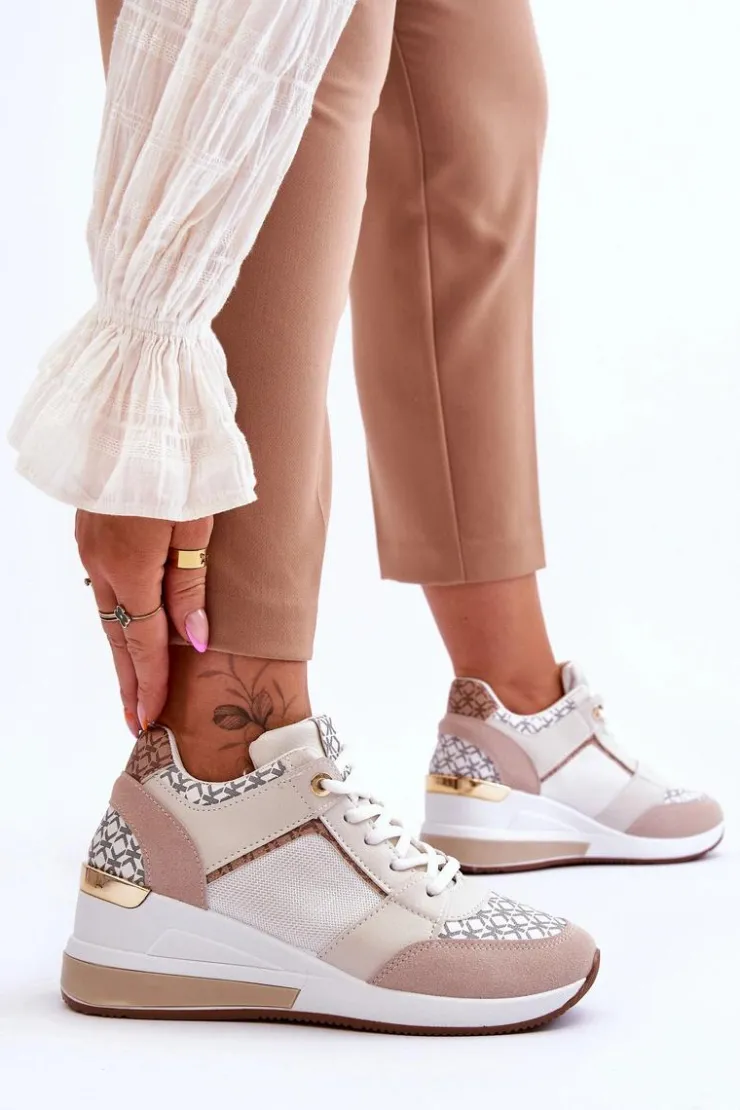 Boto Sneakersy Damskie*Damskie Sneakersy Buty Sportowe Na Koturnie Biało-Beżowe Nomera