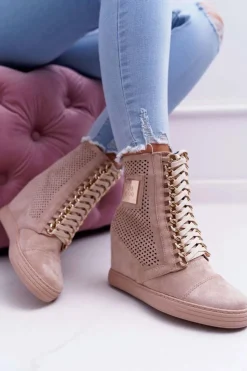 Best Boto Damskie Sneakersy Lu Boo Ażurowe Zamszowe Beżowe Clamma