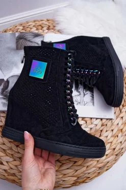 Outlet Boto Damskie Sneakersy Lu Boo Ażurowe Zamszowe Czarne Clamma