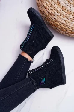 Outlet Boto Damskie Sneakersy Lu Boo Ażurowe Zamszowe Czarne Clamma