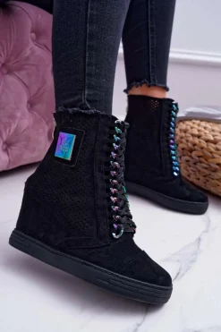 Outlet Boto Damskie Sneakersy Lu Boo Ażurowe Zamszowe Czarne Clamma