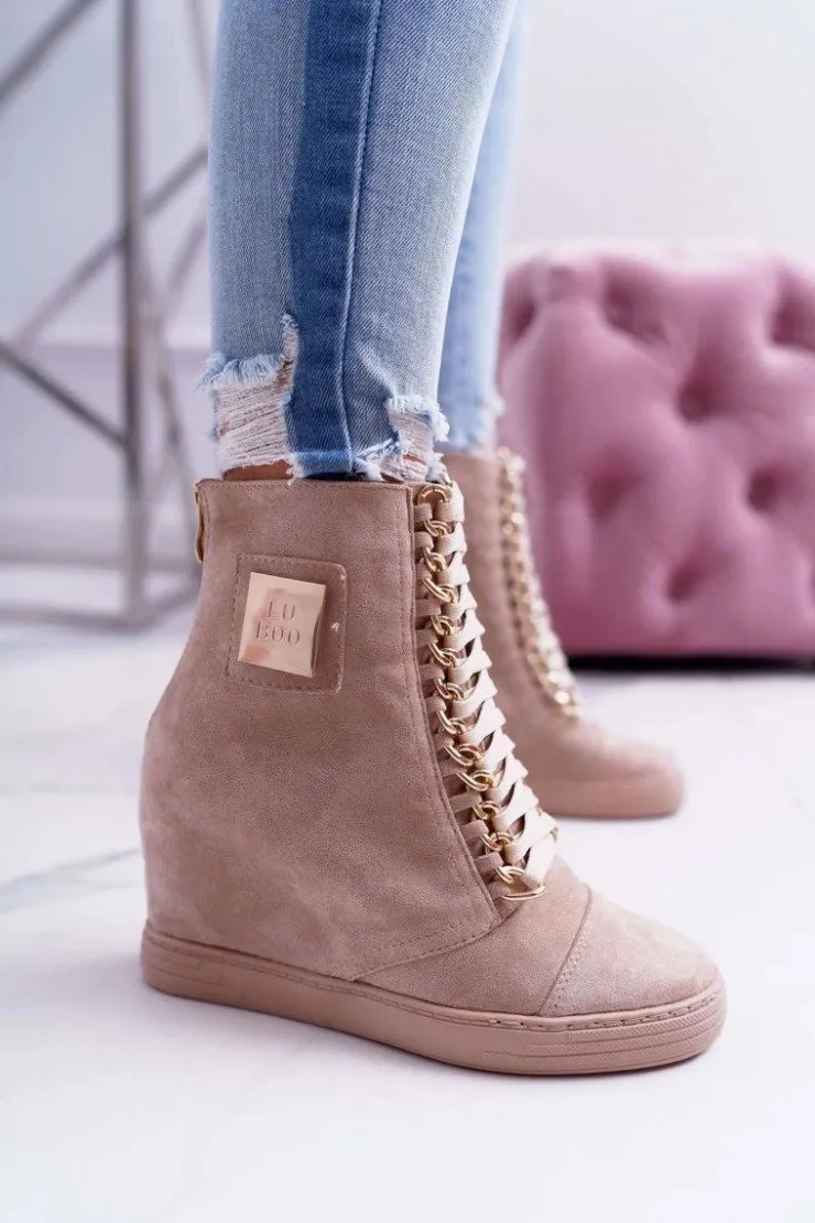 Damskie Boto Damskie Sneakersy Lu Boo Złoty Łańcuch Zamsz Beżowe Monica