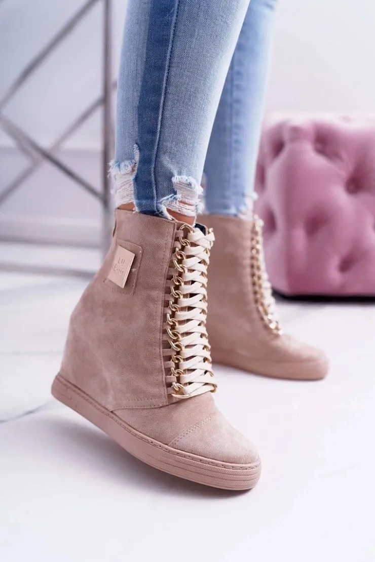 Damskie Boto Damskie Sneakersy Lu Boo Złoty Łańcuch Zamsz Beżowe Monica