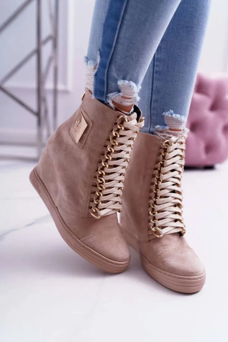 Damskie Boto Damskie Sneakersy Lu Boo Złoty Łańcuch Zamsz Beżowe Monica