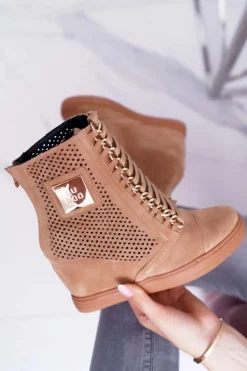 Damskie Boto Damskie Sneakersy Lu Boo Ażurowe Zamszowe Camel Clamma