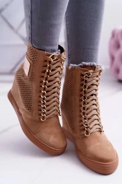 Damskie Boto Damskie Sneakersy Lu Boo Ażurowe Zamszowe Camel Clamma