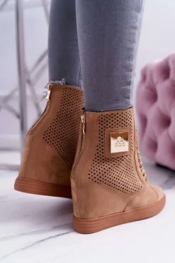 Damskie Boto Damskie Sneakersy Lu Boo Ażurowe Zamszowe Camel Clamma