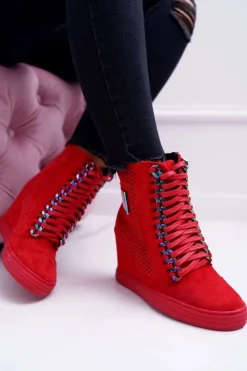 Hot Boto Damskie Sneakersy Lu Boo Ażurowe Zamszowe Czerwone Clamma