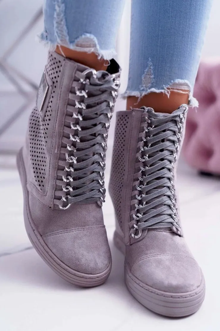 Boto Damskie Sneakersy Lu Boo Ażurowe Zamszowe Szare Clamma