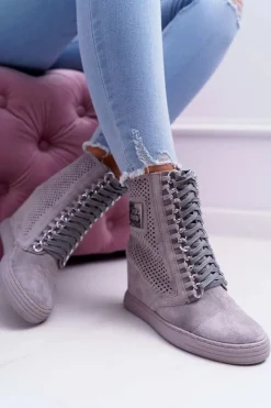 Boto Damskie Sneakersy Lu Boo Ażurowe Zamszowe Szare Clamma