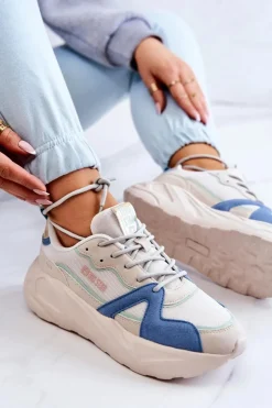 Damskie Big Star Shoes Damskie Sneakersy Memory Foam Big Star JJ274600 Beżowo-Niebieskie