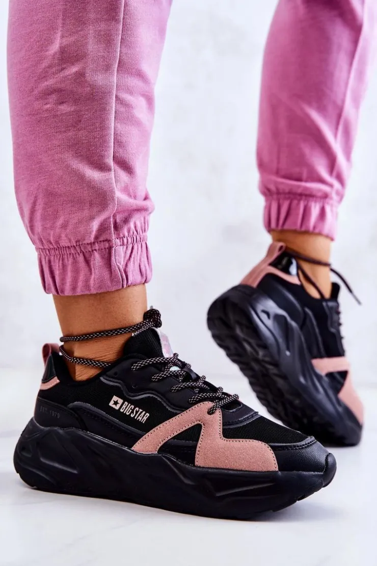 Big Star Shoes Buty Sportowe Big Star|Sneakersy Damskie*Damskie Sneakersy Memory Foam Big Star JJ274599 Czarno-Różowe