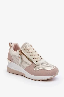 Boto Sneakersy Damskie*Damskie Sneakersy Na Koturnie Beżowo-Białe Sivan