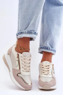 Boto Sneakersy Damskie*Damskie Sneakersy Na Koturnie Beżowo-Białe Sivan