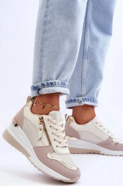 Boto Sneakersy Damskie*Damskie Sneakersy Na Koturnie Beżowo-Białe Sivan