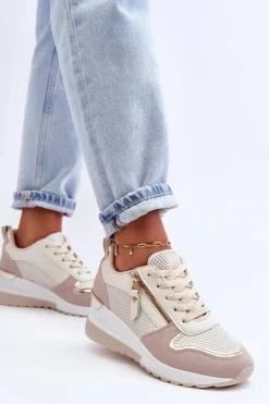 Boto Sneakersy Damskie*Damskie Sneakersy Na Koturnie Beżowo-Białe Sivan