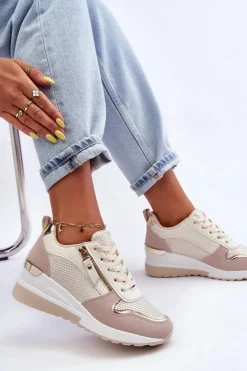 Boto Sneakersy Damskie*Damskie Sneakersy Na Koturnie Beżowo-Białe Sivan