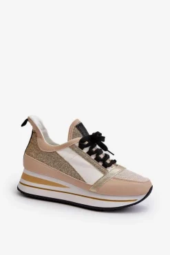 Hot Boto Damskie Sneakersy Na Koturnie I Platformie Z Brokatem Złote Rafani