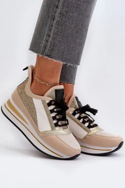 Hot Boto Damskie Sneakersy Na Koturnie I Platformie Z Brokatem Złote Rafani