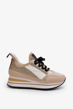 Hot Boto Damskie Sneakersy Na Koturnie I Platformie Z Brokatem Złote Rafani
