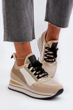 Hot Boto Damskie Sneakersy Na Koturnie I Platformie Z Brokatem Złote Rafani