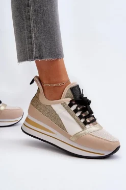 Hot Boto Damskie Sneakersy Na Koturnie I Platformie Z Brokatem Złote Rafani