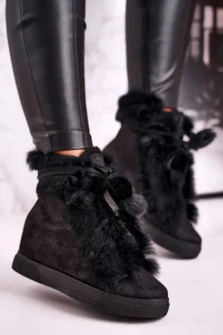 Boto Damskie Sneakersy Na Koturnie z Futerkiem Czarne Pretty