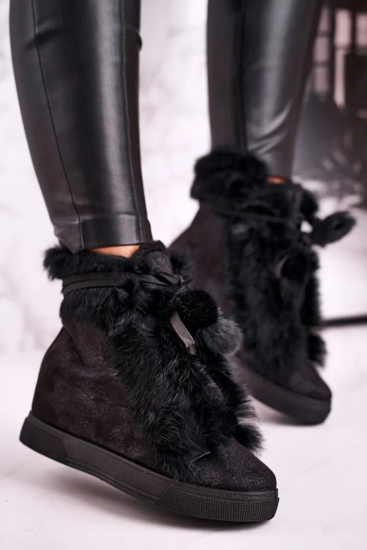 Boto Damskie Sneakersy Na Koturnie z Futerkiem Czarne Pretty