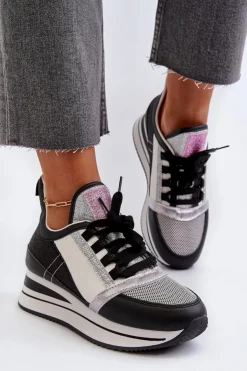 Damskie Boto Damskie Sneakersy Na Koturnie I Platformie Z Brokatem Czarne Rafani