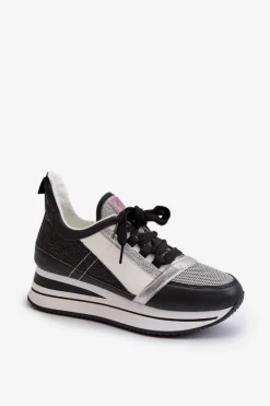 Damskie Boto Damskie Sneakersy Na Koturnie I Platformie Z Brokatem Czarne Rafani