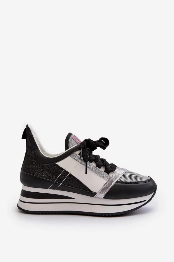 Damskie Boto Damskie Sneakersy Na Koturnie I Platformie Z Brokatem Czarne Rafani