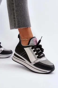 Damskie Boto Damskie Sneakersy Na Koturnie I Platformie Z Brokatem Czarne Rafani