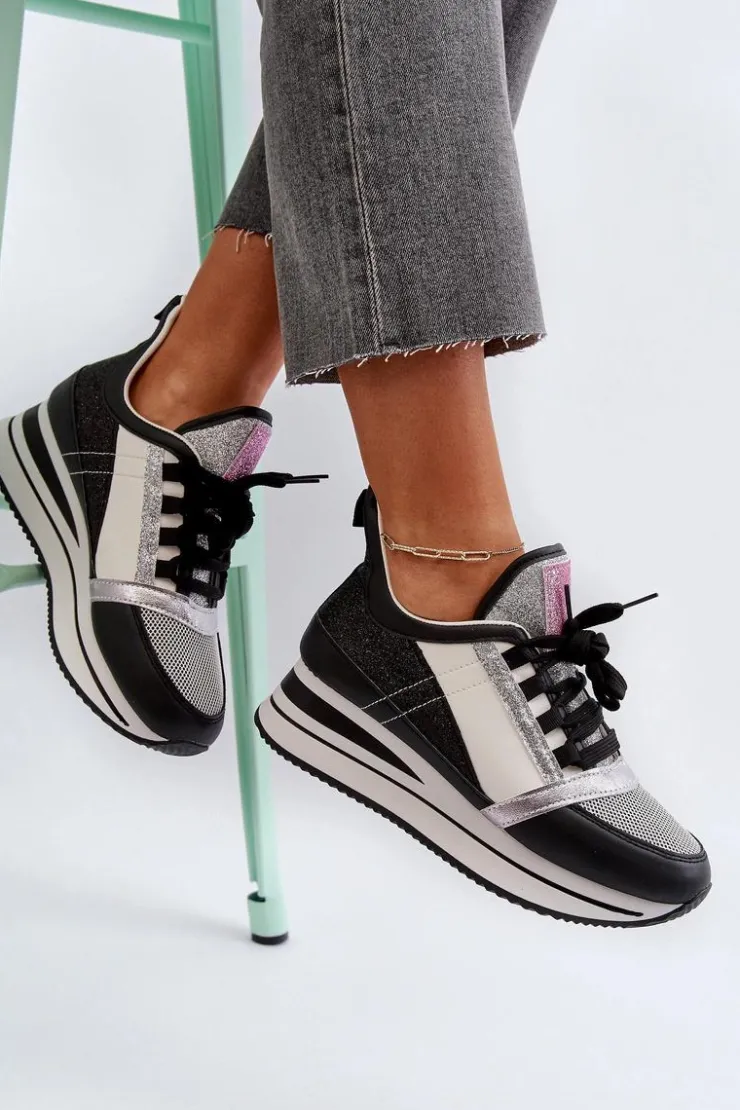 Damskie Boto Damskie Sneakersy Na Koturnie I Platformie Z Brokatem Czarne Rafani