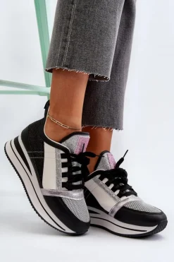 Damskie Boto Damskie Sneakersy Na Koturnie I Platformie Z Brokatem Czarne Rafani