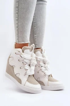 Hot Boto Damskie Sneakersy Na Koturnie Białe Leoppa