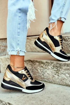 Damskie Buty damskie Vinceza Damskie Sneakersy Na Koturnie Czarno Złote Isla