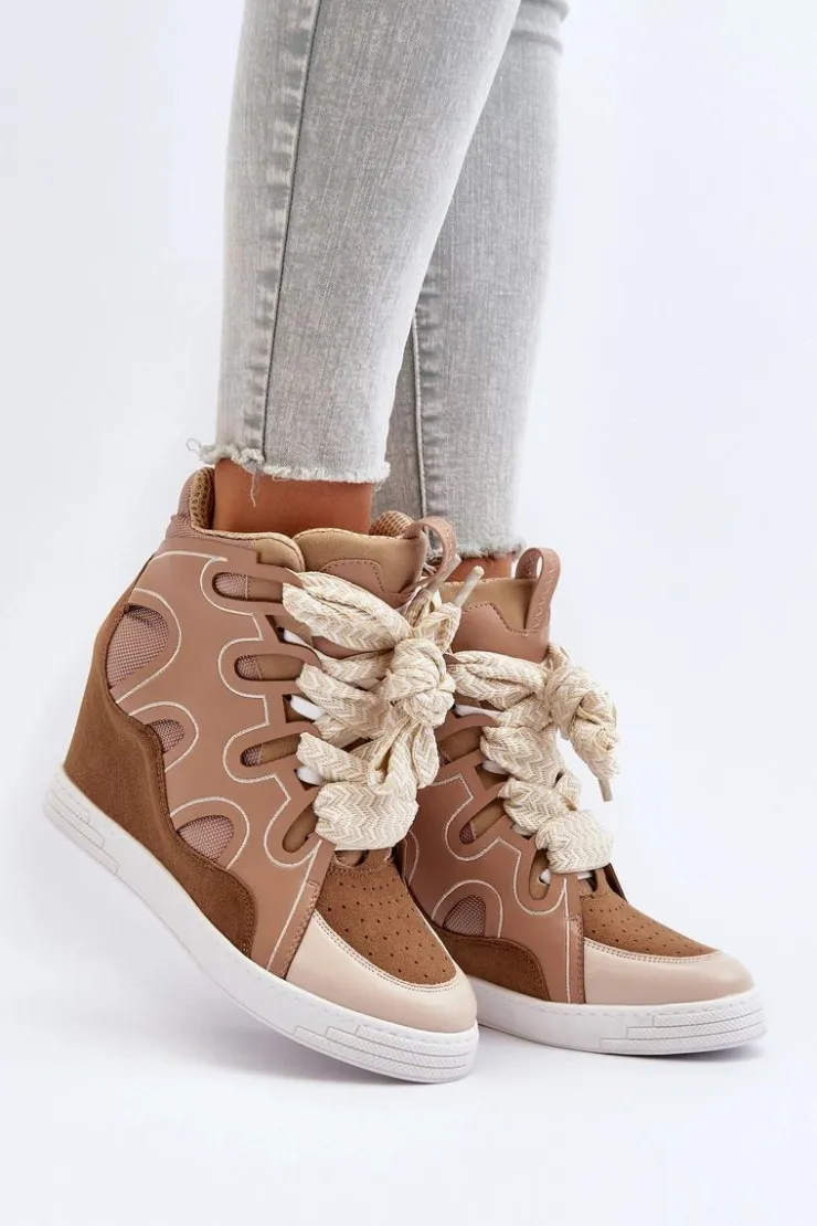 Boto Sneakersy Damskie*Damskie Sneakersy Na Koturnie Beżowe Leoppa