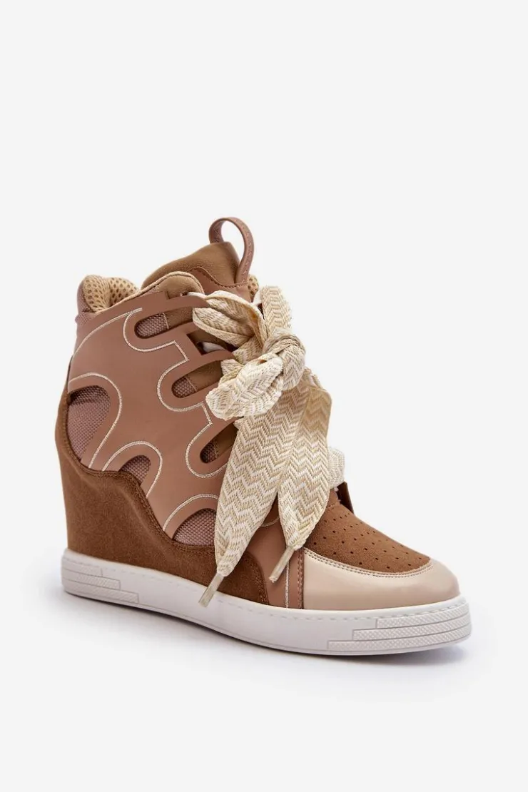 Boto Sneakersy Damskie*Damskie Sneakersy Na Koturnie Beżowe Leoppa