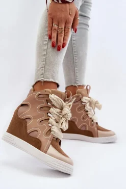 Boto Sneakersy Damskie*Damskie Sneakersy Na Koturnie Beżowe Leoppa