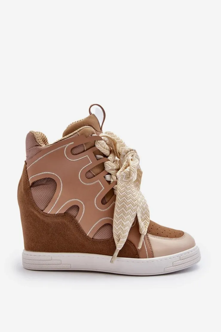 Boto Sneakersy Damskie*Damskie Sneakersy Na Koturnie Beżowe Leoppa